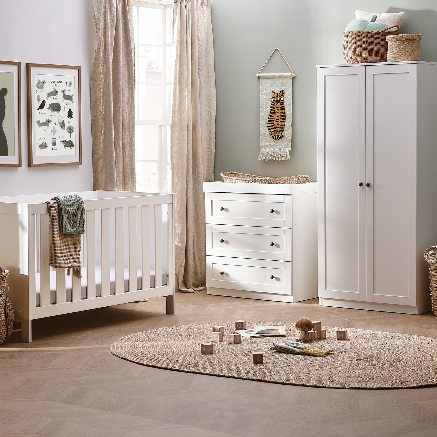 Bromley White 3 Piece Nursery Set with Convertible Cot to Toddler Bed, Dresser & Wardrobe