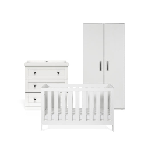 Finchley White 3 Piece Nursery Set with Convertible Cot to Toddler Bed, Dresser & Wardrobe