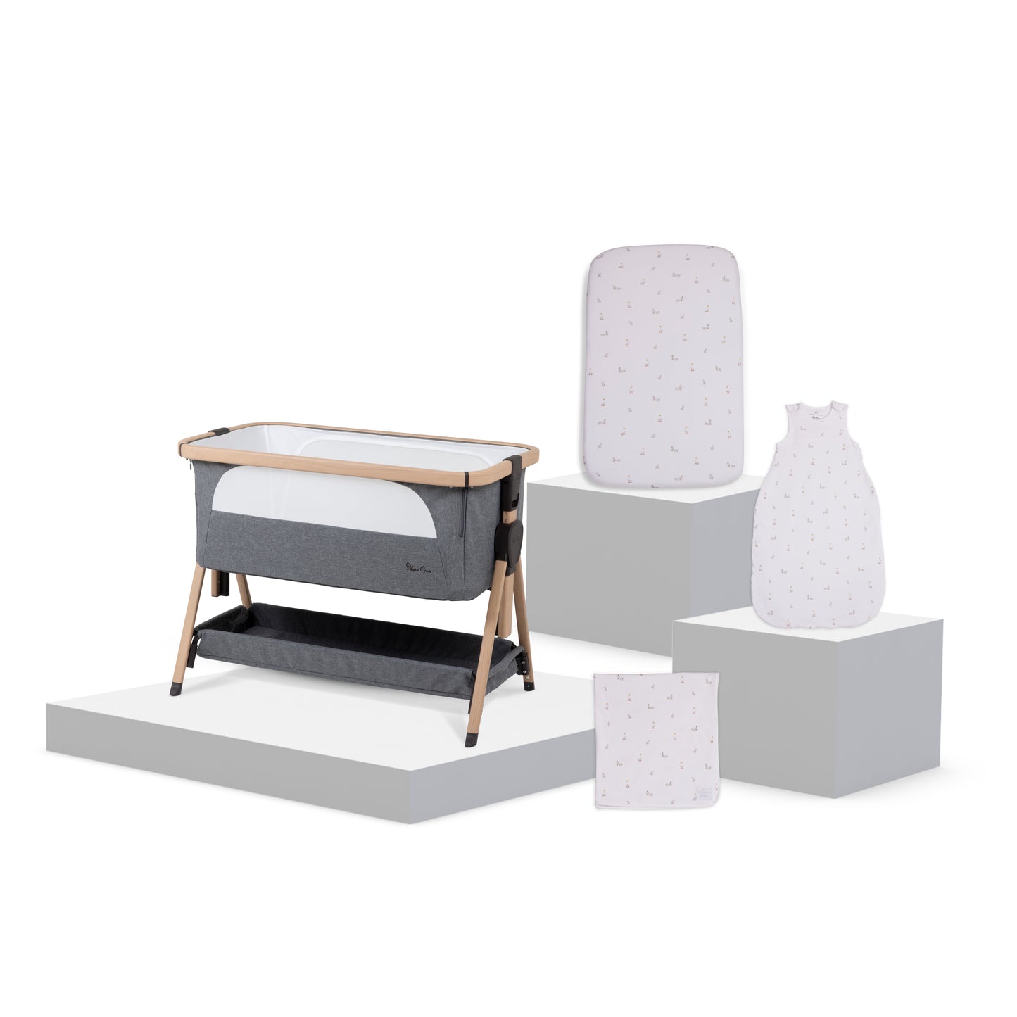 Lunar Bedside Crib Whisper Grey New Arrival Bundle - Duckling Print