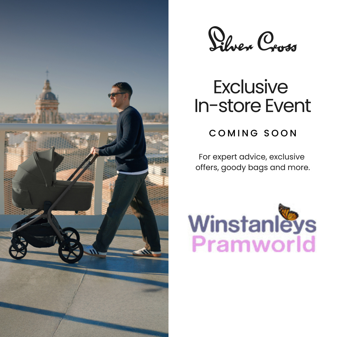 Man pushing a stroller on a rooftop with promotional text for Silver Cross and Winstanley's Pramworld.