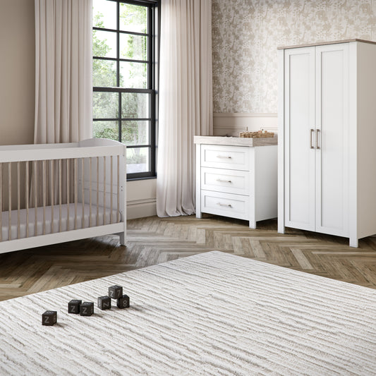 Valencia 3 Piece Nursery Set Convertible Cot to Toddler Bed, Dresser & Wardrobe