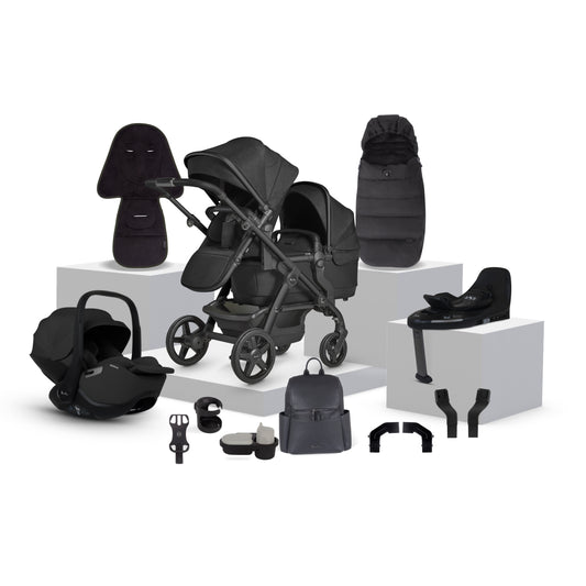 Wave 3 Onyx Single to Double Travel System Ultimate 360 Infant Carrier Bundle (17 Piece)